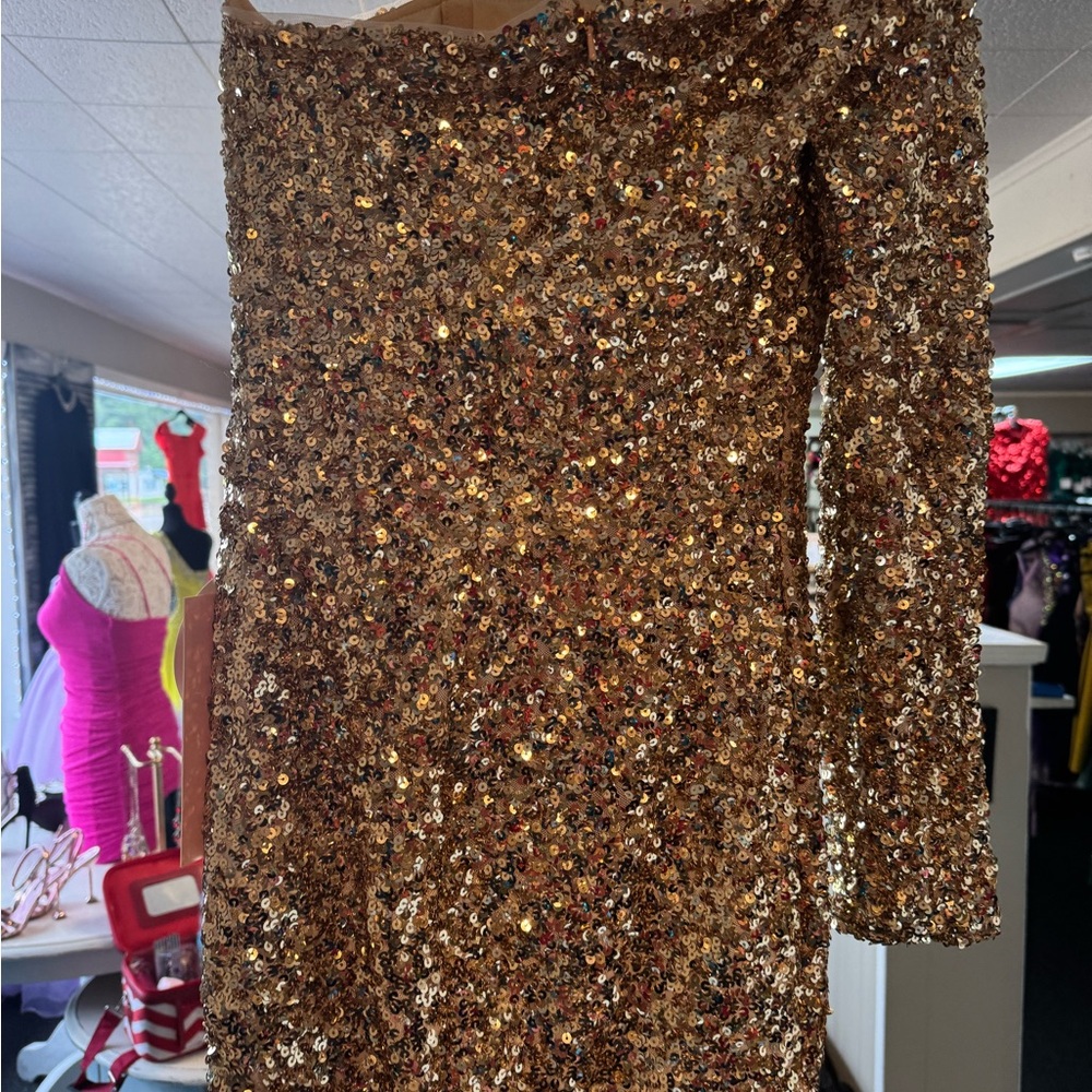 Sherri Hill Gold Sequin Off-Shoulder Dress